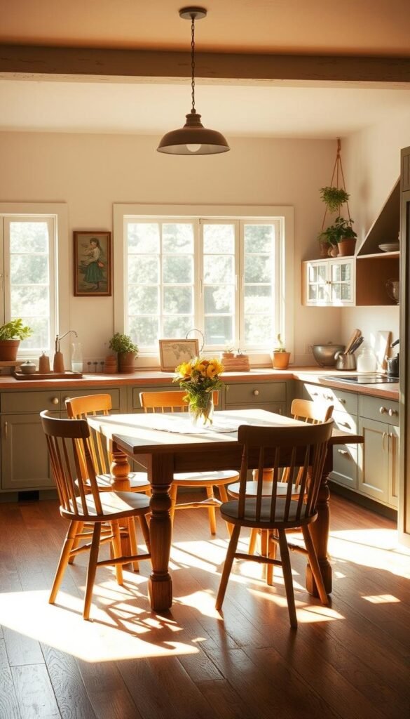 A cozy farmhouse kitchen bathed in warm, natural light. The scene features a rustic wooden table surrounded by simple, comfortable chairs in a muted palette of earthy tones. The kitchen cabinets are painted in a soft, muted green, complemented by the rich brown of the wooden countertops. Sunlight streams in through the large windows, casting a gentle glow on the space. The walls are adorned with vintage-inspired artwork and a few potted plants, adding pops of color and bringing the outdoors in. The overall atmosphere is one of timeless charm and relaxed, country-inspired elegance.