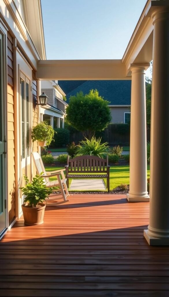 A cozy front porch addition, bathed in warm afternoon sunlight. The wooden floorboards and classic white columns frame a welcoming entryway, adorned with a lush potted plant and a quaint rocking chair. The middle ground features a charming bench, inviting visitors to pause and soak in the tranquil ambiance. In the background, a neatly landscaped yard with vibrant greenery sets the stage for this intimate and inviting outdoor space. The scene conveys a sense of relaxation and the importance of embracing small, yet impactful front porch designs.