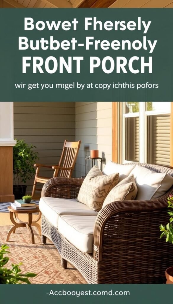 A cozy front porch addition with a farmhouse-chic aesthetic, captured in warm afternoon light. In the foreground, a wicker loveseat adorned with plush cushions and rustic throw pillows invites relaxation. A small wooden side table stands nearby, topped with a potted plant and a stack of books. The middle ground features a wooden rocking chair and a vintage metal plant stand, creating a charming, lived-in vibe. The background showcases the porch's architectural details, such as the wooden beams and the decorative gable. The overall scene conveys a sense of comfort, inviting the viewer to imagine spending a leisurely afternoon on this budget-friendly, yet stylish front porch.