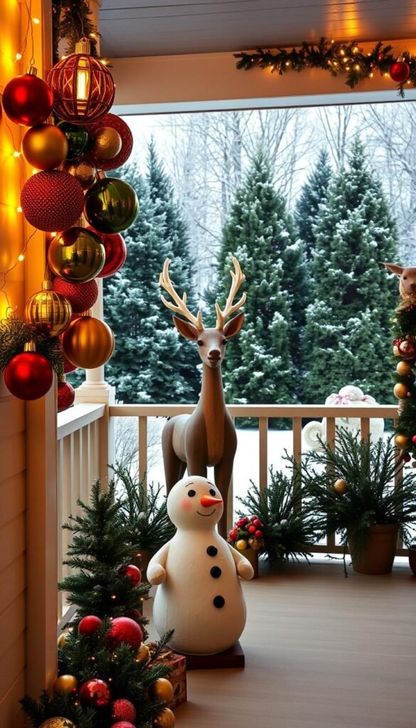 A cozy front porch adorned with a charming display of holiday yard art. In the foreground, a whimsical snowman figurine stands guard, its carrot nose and coal eyes adding a playful touch. Surrounding it, a cluster of colorful, oversized ornaments in red, green, and gold hang from the porch railing, casting a warm, festive glow. In the middle ground, a wooden reindeer sculpture, its antlers reaching towards the sky, stands tall, complemented by a garland of twinkling lights that drapes across the porch's facade. The background features a lush, snow-dusted landscape, with a cluster of evergreen trees providing a serene, winter wonderland backdrop. The overall scene is bathed in a soft, golden light, creating a welcoming and inviting atmosphere that beckons guests to step inside and experience the joy of the holiday season.