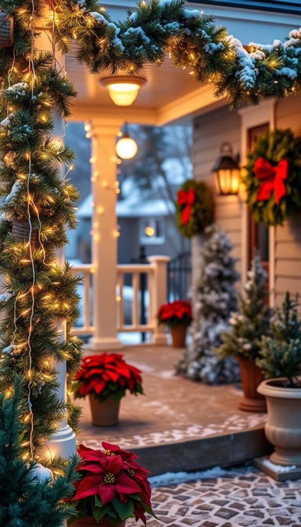 A cozy front porch adorned with a festive display of string lights, casting a warm glow upon the scene. In the foreground, a lush garland intertwined with twinkling lights frames the entryway, inviting guests to step inside. Plush holiday wreaths hang from the porch pillars, their vibrant greens and reds complementing the gentle illumination. In the middle ground, potted poinsettias and cedar planters flank the steps, adding pops of seasonal color. The background features a snow-dusted landscape, with a softly blurred neighborhood setting providing a tranquil backdrop. The overall atmosphere radiates a sense of holiday cheer and welcoming hospitality.