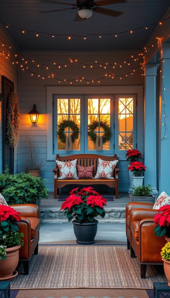 A cozy front porch adorned with a harmonious color scheme, inviting guests to step inside. In the foreground, a plush seating area with warm, earthy tones - leather armchairs, a woven rug, and lush greenery in terracotta planters. The middle ground features a wooden bench flanked by potted poinsettias in vibrant red, their hues echoed in the decorative throw pillows. In the background, the porch's façade is painted in a soothing pastel blue, complemented by garlands of twinkling fairy lights strung overhead, casting a soft, magical glow. The entire scene is bathed in the gentle, natural light of a golden-hour sunset, creating an atmosphere of comfort and welcoming.