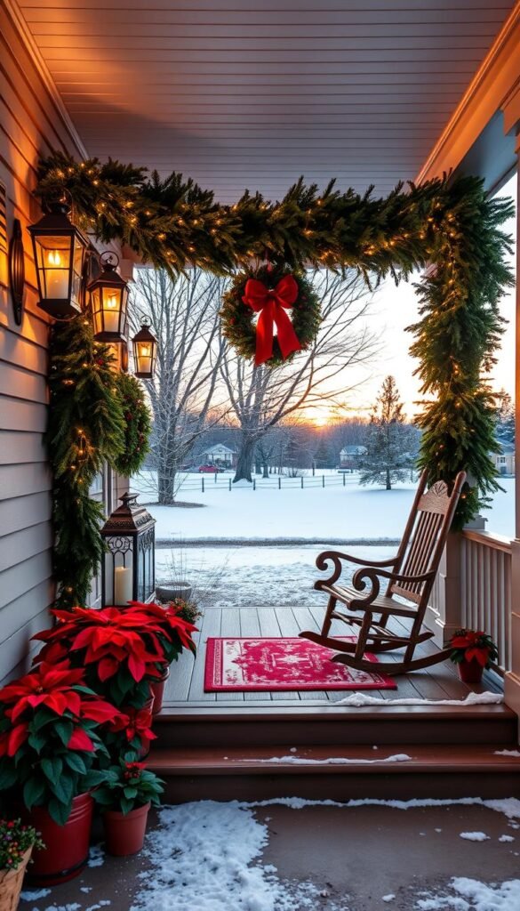 A cozy front porch adorned with a lush garland of evergreen boughs, twinkling string lights, and a large wreath with a festive red bow. Elegant lanterns flank the entrance, casting a warm glow across the scene. In the foreground, potted poinsettias and an antique wooden rocking chair create a welcoming atmosphere. The porch's wooden floor is covered in a plush holiday-themed rug, and a set of snow-dusted steps lead down to a well-manicured lawn. The background features a snow-covered landscape, with a clear winter sky overhead illuminated by the glow of the setting sun. A cozy front porch adorned with a lush garland of evergreen boughs, twinkling string lights, and a large wreath with a festive red bow. Elegant lanterns flank the entrance, casting a warm glow across the scene. In the foreground, potted poinsettias and an antique wooden rocking chair create a welcoming atmosphere. The porch's wooden floor is covered in a plush holiday-themed rug, and a set of snow-dusted steps lead down to a well-manicured lawn. The background features a snow-covered landscape, with a clear winter sky overhead illuminated by the glow of the setting sun.