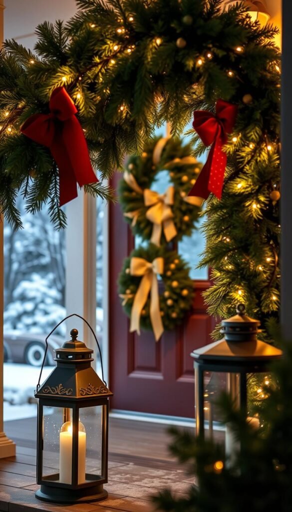 A cozy front porch adorned with a lush garland of fresh evergreens, twinkling fairy lights, and a classic red bow. In the foreground, a pair of festive lanterns flicker, casting a warm glow across the scene. The middle ground features a large wreath with a shimmering golden ribbon, framing the entryway. In the background, a dusting of snow covers the ground, creating a picturesque winter wonderland. The lighting is soft and inviting, evoking a sense of holiday cheer and creating a welcoming atmosphere for guests. The camera angle is slightly elevated, capturing the full depth and dimension of the festive outdoor decor.