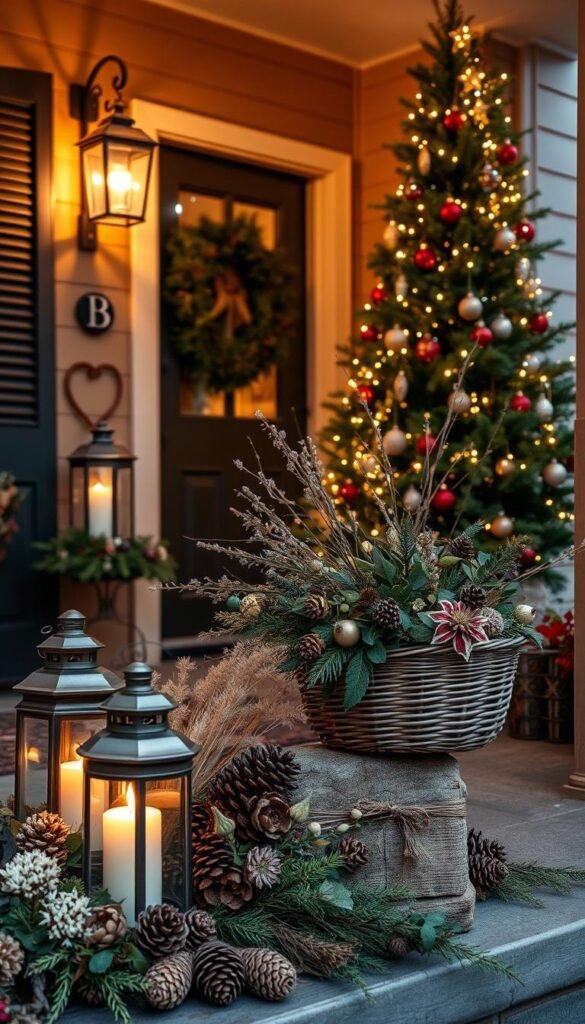 A cozy front porch adorned with a lush natural display, bathed in warm, soft lighting. In the foreground, a rustic wooden bench is nestled among a curated arrangement of pinecones, dried flowers, and a woven basket overflowing with seasonal foliage. Candles flicker gently, casting a golden glow across the scene. The middle ground features a pair of ornate lanterns flanking the entrance, their flickering flames casting dancing shadows. In the background, a beautifully decorated evergreen tree stands tall, its branches laden with delicate ornaments and twinkling fairy lights, creating a magical, inviting atmosphere that welcomes guests with a sense of festive charm.