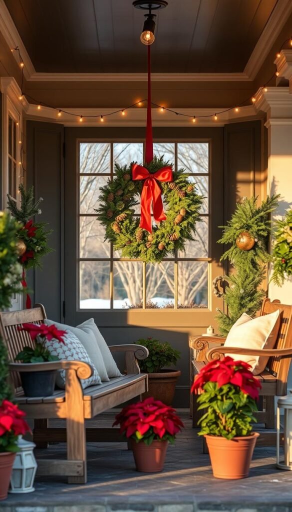 A cozy front porch adorned with a statement wreath that welcomes guests with holiday cheer. The wreath, crafted from fresh evergreens, pine cones, and a vibrant red ribbon, takes center stage, framed by the warm, inviting glow of string lights. Rustic wooden benches, plush throw pillows, and potted poinsettias create a charming, inviting atmosphere. The scene is bathed in the soft, natural light of a winter afternoon, casting a gentle, festive ambiance. The porch's architecture, with its elegant columns and decorative molding, adds a touch of timeless elegance to the display. This inviting front porch decor perfectly sets the stage for a memorable holiday season.
