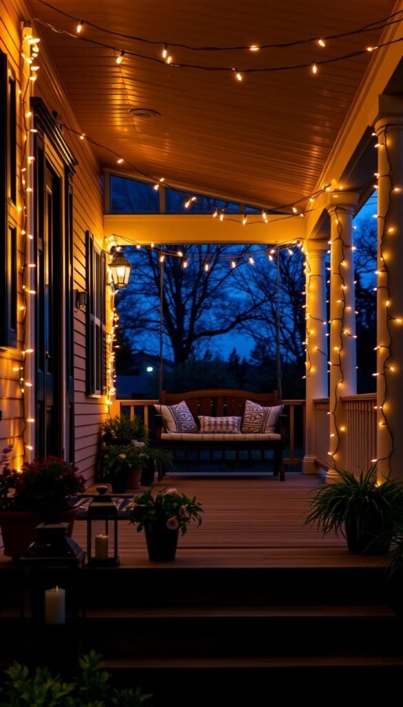A cozy front porch adorned with a string of warm, twinkling lights that cast a soft, inviting glow. In the foreground, potted plants and decorative lanterns line the wooden steps, creating a welcoming atmosphere. The middle ground features a comfortable porch swing, its cushions illuminated by the gentle lights overhead. In the background, the porch's sturdy columns and railings are silhouetted against a dusky evening sky, hinting at the serene outdoor space beyond. The overall scene exudes a sense of tranquility and relaxation, perfect for setting the mood for a peaceful evening on the porch. A cozy front porch adorned with a string of warm, twinkling lights that cast a soft, inviting glow. In the foreground, potted plants and decorative lanterns line the wooden steps, creating a welcoming atmosphere. The middle ground features a comfortable porch swing, its cushions illuminated by the gentle lights overhead. In the background, the porch's sturdy columns and railings are silhouetted against a dusky evening sky, hinting at the serene outdoor space beyond. The overall scene exudes a sense of tranquility and relaxation, perfect for setting the mood for a peaceful evening on the porch.