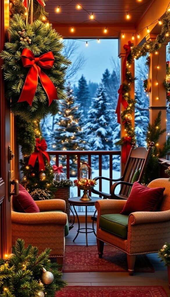 A cozy front porch adorned with a vibrant array of Christmas decor, bathed in the warm glow of string lights. In the foreground, a lush wreath hangs from the door, its crimson ribbons and pine boughs framing the entryway. Nearby, a pair of plush armchairs invite guests to sit and admire the scene, their cushions in a complementary palette of forest greens and burgundy. In the middle ground, an old-fashioned rocking chair sits beside a small table topped with a twinkling centerpiece. The background showcases a picturesque winter landscape, with snow-dusted evergreens and a clear, starry sky. The overall atmosphere conveys a sense of inviting holiday charm and a celebration of the season.