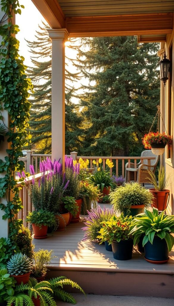 A cozy front porch adorned with an array of lush, thriving plants. In the foreground, vibrant potted succulents and trailing vines spill over the porch's edge, creating a verdant, welcoming display. In the middle ground, a mix of potted ferns, lavender, and other fragrant flowers line the steps, their delicate blooms swaying gently in the warm breeze. Behind them, a backdrop of tall, stately trees casts a soft, dappled light across the scene, lending an inviting, natural ambiance. The porch itself is bathed in the golden glow of the afternoon sun, casting long shadows and highlighting the rich textures of the weathered wood. An intimate, serene setting that beckons visitors to pause, relax, and immerse themselves in the tranquility of the great outdoors.