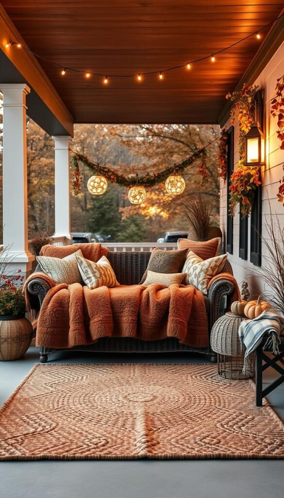 A cozy front porch adorned with an array of plush, autumnal textiles. In the foreground, a plush, oversized throw blanket in a rich, earthy tone drapes over a wicker loveseat, inviting visitors to sink in and relax. Decorative pillows in complementary patterns and hues scatter the seating, adding depth and visual interest. In the middle ground, a large, woven area rug anchors the space, its intricate design mirroring the seasonal foliage visible through the porch's columns. Overhead, delicate string lights cast a warm, ambient glow, creating an intimate, welcoming atmosphere as the sun dips below the horizon. The porch's wooden beams and columns are accented with garlands of dried leaves and berries, completing the quintessential autumnal scene. A cozy front porch adorned with an array of plush, autumnal textiles. In the foreground, a plush, oversized throw blanket in a rich, earthy tone drapes over a wicker loveseat, inviting visitors to sink in and relax. Decorative pillows in complementary patterns and hues scatter the seating, adding depth and visual interest. In the middle ground, a large, woven area rug anchors the space, its intricate design mirroring the seasonal foliage visible through the porch's columns. Overhead, delicate string lights cast a warm, ambient glow, creating an intimate, welcoming atmosphere as the sun dips below the horizon. The porch's wooden beams and columns are accented with garlands of dried leaves and berries, completing the quintessential autumnal scene.