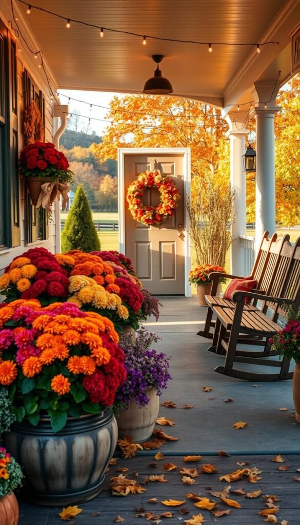 A cozy front porch adorned with an array of seasonal decor, bathed in warm autumn light. Overflowing planters burst with vibrant mums, complemented by rustic wooden benches and a pair of inviting rocking chairs. Strings of twinkling fairy lights and a decorative harvest wreath on the door create a welcoming ambiance. In the background, a picturesque fall landscape with changing leaves frames the scene, evoking a sense of coziness and charm. Captured with a wide-angle lens, the composition showcases the porch's inviting atmosphere and seasonal transformation, ready to greet guests with a touch of autumnal elegance.