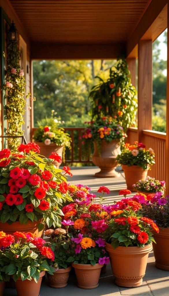 A cozy front porch adorned with an array of vibrant flower pots, bathed in warm, golden light. In the foreground, a collection of terracotta pots brimming with lush, blooming flowers - petunias, marigolds, and cascading vines. In the middle ground, larger planters overflowing with verdant foliage and colorful blossoms, creating a welcoming, natural ambiance. The background showcases the porch's sturdy wooden beams and inviting railing, framing the scene with a sense of comfort and homey charm. The overall composition conveys a serene, tranquil mood, inviting the viewer to step onto the porch and immerse themselves in the beauty of nature.