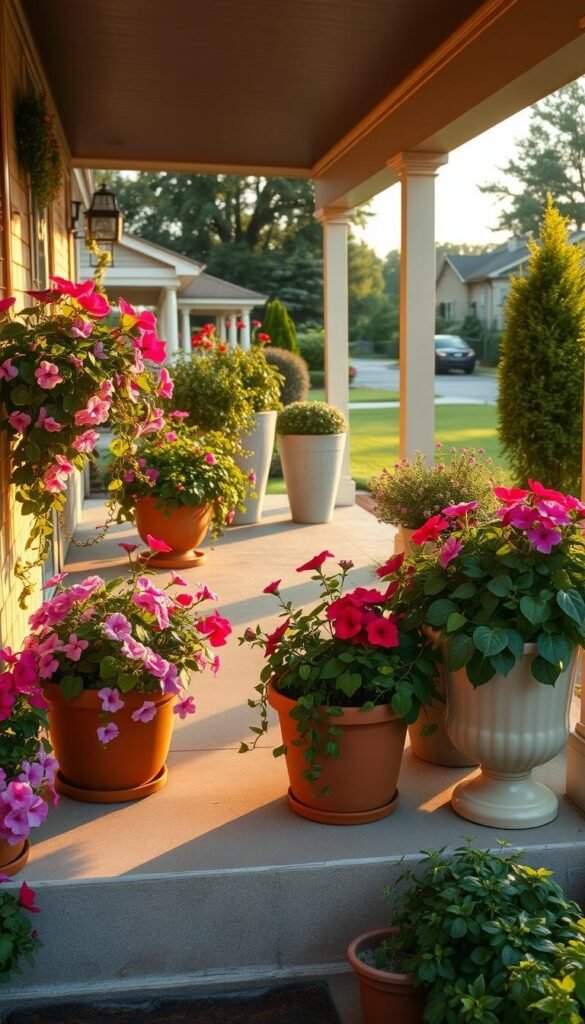 A cozy front porch adorned with an assortment of vibrant flower pots, bathed in warm, golden afternoon light. In the foreground, a collection of terracotta planters overflowing with cascading petunias, trailing vines, and fragrant blooms. In the middle ground, a pair of sleek, modern ceramic pots flanking the porch steps, showcasing lush, verdant foliage. The background features a neatly manicured lawn and a picturesque neighborhood scene, creating a welcoming and inviting atmosphere. The camera angle is slightly elevated, capturing the porch's symmetry and the harmonious arrangement of the flower pots, conveying a sense of effortless style and curb appeal. A cozy front porch adorned with an assortment of vibrant flower pots, bathed in warm, golden afternoon light. In the foreground, a collection of terracotta planters overflowing with cascading petunias, trailing vines, and fragrant blooms. In the middle ground, a pair of sleek, modern ceramic pots flanking the porch steps, showcasing lush, verdant foliage. The background features a neatly manicured lawn and a picturesque neighborhood scene, creating a welcoming and inviting atmosphere. The camera angle is slightly elevated, capturing the porch's symmetry and the harmonious arrangement of the flower pots, conveying a sense of effortless style and curb appeal.