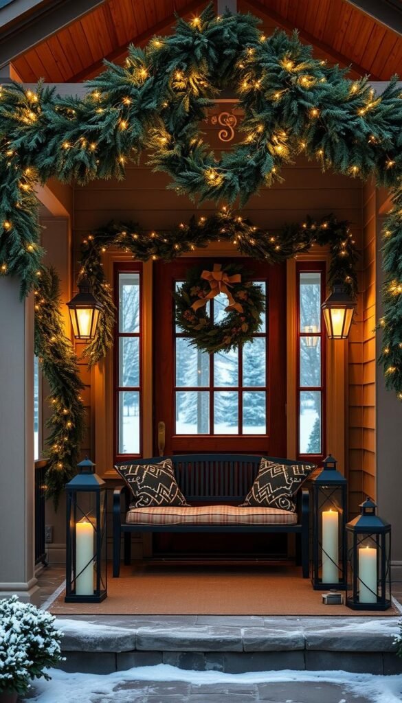 A cozy front porch adorned with an elegant garland of fresh greenery, twinkling string lights, and a magnificent wreath hanging above the wooden door. The soft glow of a pair of lanterns flanking the entrance casts a warm ambiance, while a plush bench invites visitors to pause and savor the festive atmosphere. In the background, a snowy landscape sets the scene for a winter wonderland, creating a picturesque and inviting entryway that captures the essence of the holiday season.