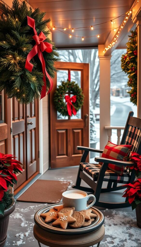A cozy front porch adorned with classic Christmas decor, bathed in warm, ambient lighting. In the foreground, a lush evergreen wreath with vibrant red ribbons and twinkling fairy lights hangs on the wooden door. Potted poinsettias flank the entryway, their crimson blooms glowing softly. In the middle ground, a pair of high-backed rocking chairs, cushioned in plaid fabric, face a small table bearing a plate of homemade gingerbread cookies and a steaming mug of hot cocoa. The background features a snow-dusted landscape, with a picturesque neighborhood street and twinkling string lights strung across the porch roof, creating a festive, inviting atmosphere.