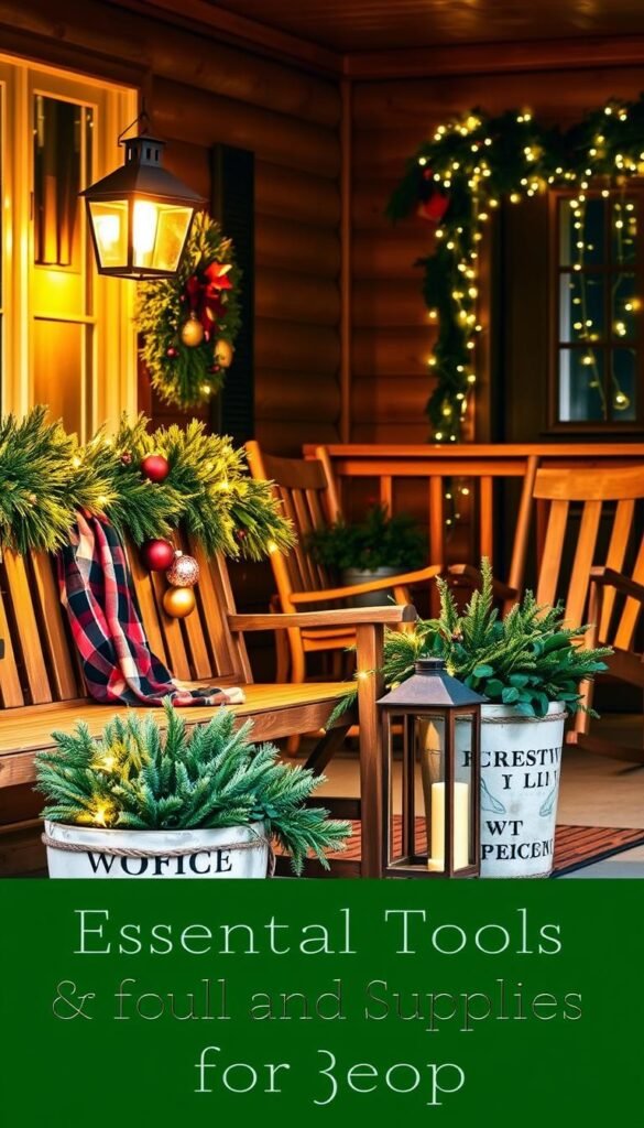A cozy front porch adorned with rustic Christmas decor, bathed in warm, golden lighting. In the foreground, a wooden bench is decorated with lush garlands, twinkling fairy lights, and a plush plaid throw. Flanking the bench are a pair of weathered planters, overflowing with evergreen boughs and ornaments. In the middle ground, a sturdy wooden rocking chair sits beside a classic lantern, its flickering flame casting a soft glow. The background features a wooden porch rail, draped with cascading greenery and sparkling string lights, inviting guests to step inside. The overall scene exudes a sense of inviting, holiday cheer, perfectly capturing the essence of "Essential Tools and Supplies for Decor."