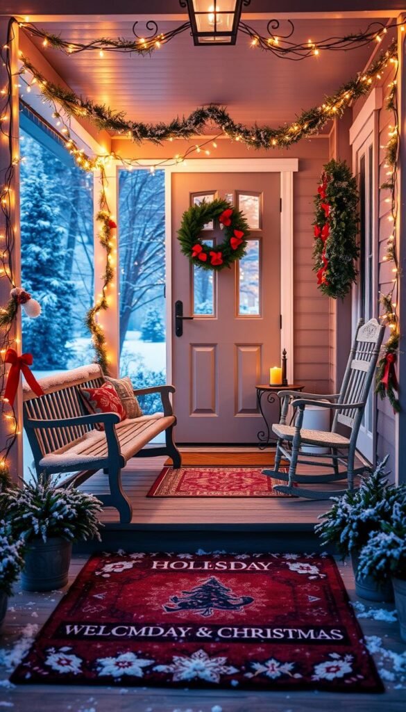 A cozy front porch adorned with twinkling string lights, a rustic wooden bench, and a vibrant wreath on the door. In the foreground, a plush holiday-themed rug and a pair of festive potted plants flank the entrance. The middle ground features a vintage rocking chair and a small side table with a warm candle flickering. In the background, a snow-dusted landscape creates a serene, winter wonderland atmosphere, illuminated by a soft, golden glow from the porch lights. The scene exudes a sense of inviting warmth and holiday cheer, perfect for welcoming guests during the Christmas season.