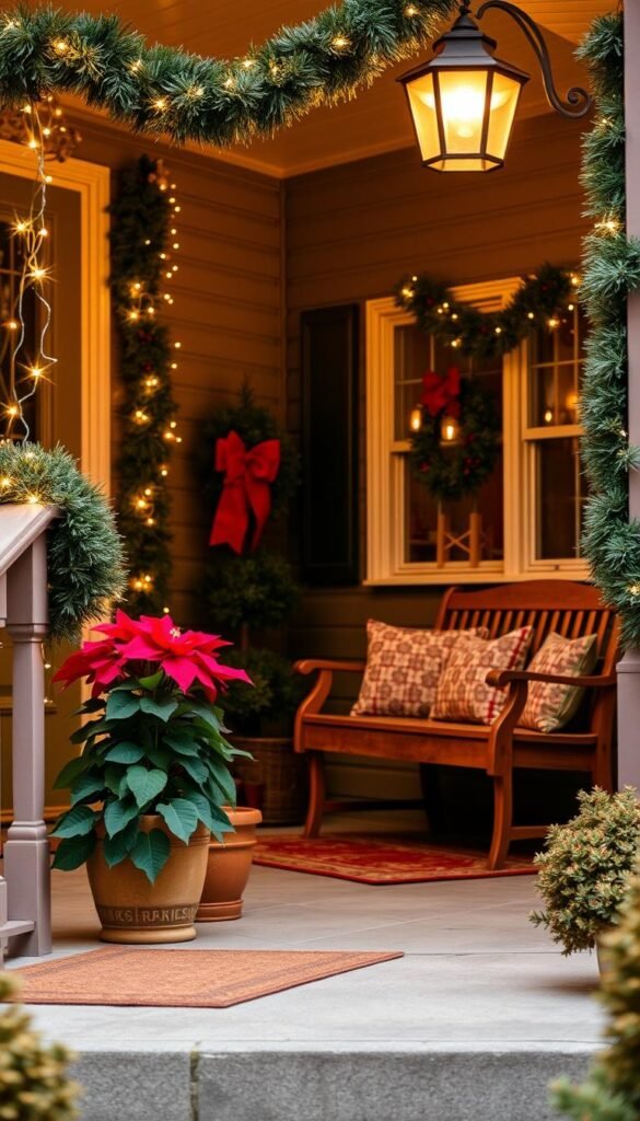 A cozy front porch adorned with twinkling string lights, festive garlands, and a sturdy, well-placed stair railing. In the foreground, a welcoming doormat and a healthy potted poinsettia plant. The middle ground features a wooden bench with plush cushions, inviting guests to pause and admire the holiday display. The background showcases a warm, amber-hued porch light casting a soft glow, creating a sense of safety and hospitality. The overall scene exudes a cheerful, inviting atmosphere, with attention paid to practical safety elements to ensure a secure and enjoyable holiday experience for all.