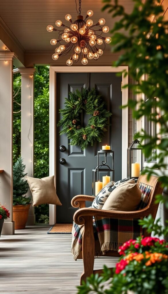 A cozy front porch adorned with weather-resistant decorations that radiate warmth and charm. In the foreground, a rustic wooden bench is adorned with plush outdoor cushions and a plaid throw blanket. Hanging from the porch ceiling, a cluster of weatherproof string lights cast a soft, ambient glow. In the middle ground, a large, durable wreath made of evergreen foliage and pinecones graces the front door, complemented by a pair of metal lanterns with LED candles. In the background, the porch is framed by lush, verdant foliage, creating a natural, inviting atmosphere. The scene is illuminated by soft, diffused natural lighting, captured through a wide-angle lens to showcase the porch's welcoming ambiance.