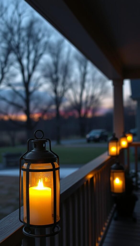 A cozy front porch at dusk, with a row of warm, glowing outdoor lanterns lining the railing. The lanterns emit a soft, ambient light, casting a gentle glow over the porch and creating a inviting, intimate atmosphere. In the background, the fading daylight illuminates a serene, natural landscape, hinting at the tranquility of the setting. The lanterns are made of weathered metal and frosted glass, complementing the rustic, homey feel of the porch. A subtle breeze causes the flames to flicker, adding a touch of movement and liveliness to the scene. The overall mood is one of comfort, relaxation and quiet contemplation.
