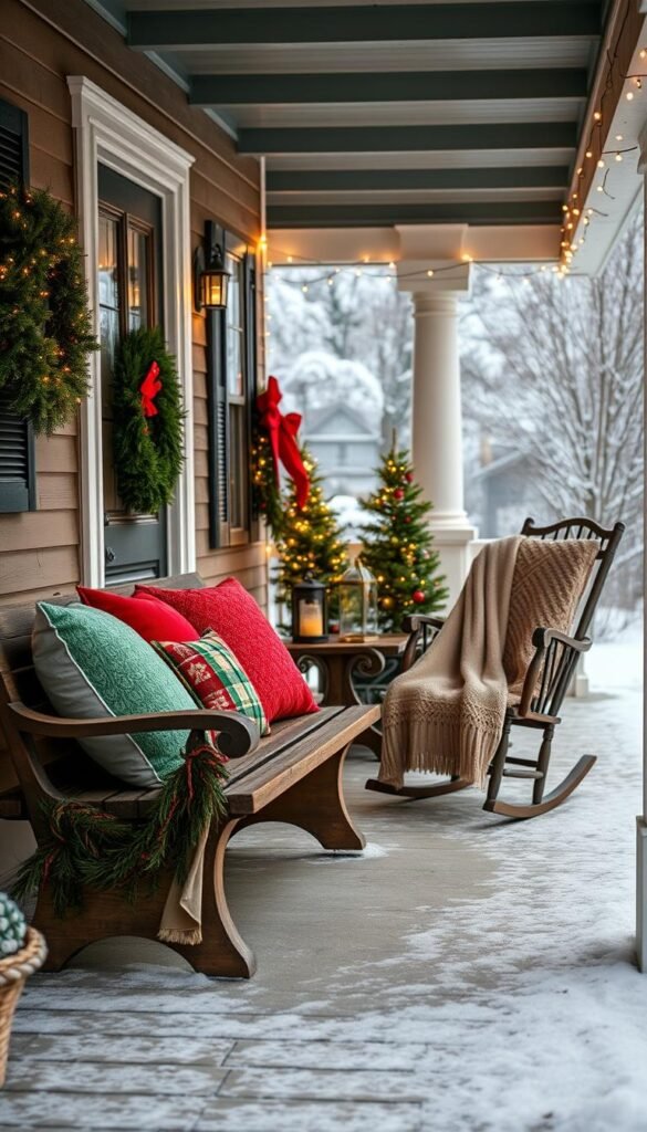 A cozy front porch decked out for the holidays, with a warm and inviting atmosphere. In the foreground, a rustic wooden bench adorned with plush red and green pillows, accented by a welcoming holiday wreath on the door. In the middle ground, an antique rocking chair draped with a soft, knitted blanket, and a quaint side table displaying a flickering lantern and a small, twinkling Christmas tree. The background features a picturesque snowy landscape, with the porch's roof dusted in a light layer of snow, creating a magical, winter wonderland scene. The lighting is soft and atmospheric, with subtle string lights outlining the porch and casting a gentle glow. The overall vibe is one of festive cheer and holiday charm, drawing guests in with its charming, cozy aesthetic.