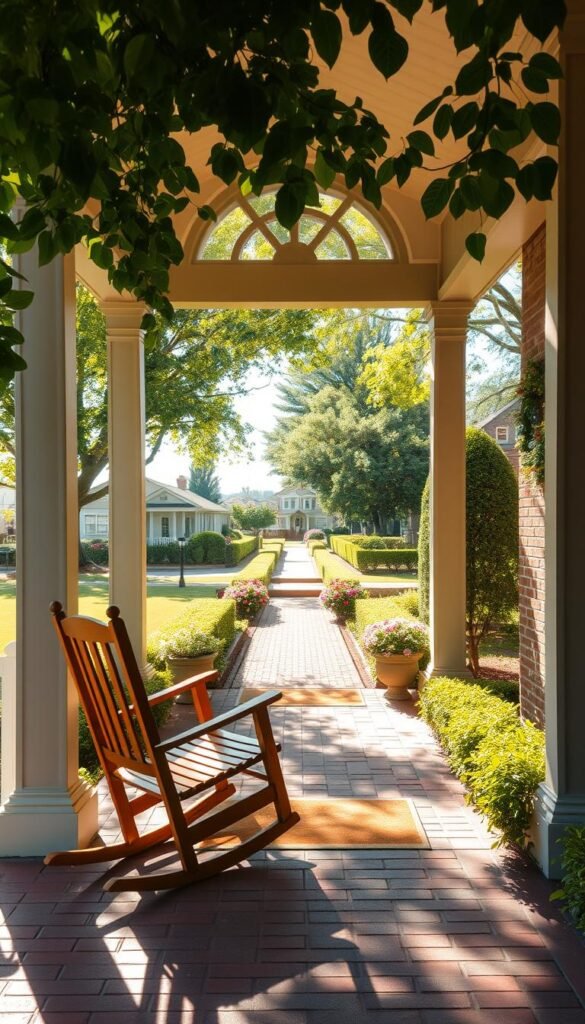 A cozy front porch entryway, bathed in warm sunlight filtering through a lush, verdant canopy. In the foreground, a pair of comfortable wooden rocking chairs invite you to sit and soak in the tranquil atmosphere. The entryway features a classic wooden door with intricate glass panes, flanked by tall, slender columns supporting a charming gabled roof. Lush potted plants and a welcoming doormat add a touch of homeliness. The middle ground showcases a well-maintained, brick-paved pathway leading up to the porch, surrounded by neatly trimmed hedges and vibrant flowerbeds. In the distance, a picturesque neighborhood scene comes into view, with quaint houses and towering trees creating a serene, inviting backdrop.