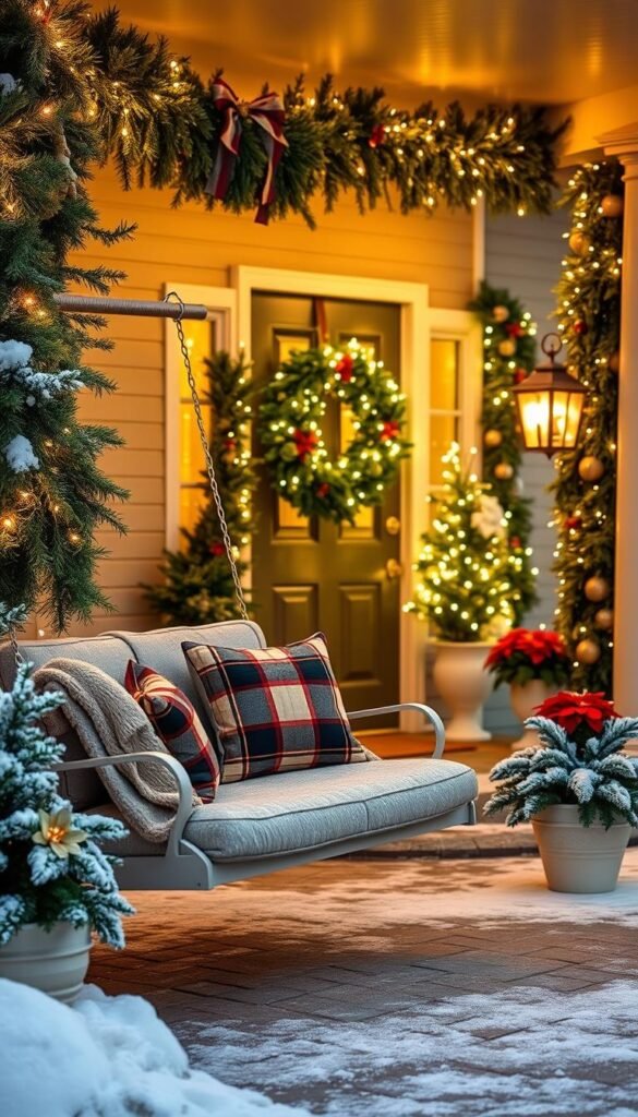 A cozy front porch in the winter, adorned with twinkling lights and lush evergreen garlands. In the foreground, a plush bench swing is dressed with plaid blankets and festive pillows, inviting visitors to sit and admire the scene. The middle ground features a large, illuminated wreath hanging on the door, surrounded by potted poinsettias and frosted planters overflowing with pine boughs. In the background, the porch is framed by snow-dusted columns and a gently sloping roof, creating a warm and welcoming atmosphere. The lighting is soft and golden, casting a magical glow over the entire porch. Photographed from a slightly elevated angle to capture the full splendor of this winter wonderland display.