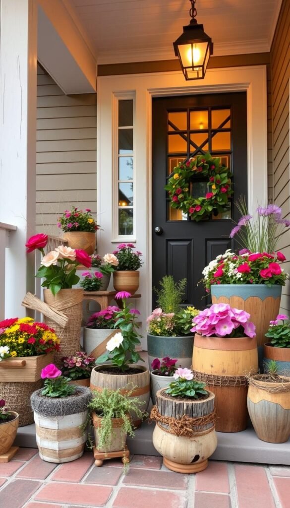 A cozy front porch with a collection of handmade, eclectic flower pots in various sizes, shapes, and textures. The pots are arranged in a visually appealing way, with a mix of vibrant blooms, lush greenery, and natural accents like rustic wood or woven elements. The lighting is warm and inviting, creating a welcoming atmosphere. The camera angle captures the pots at eye level, showcasing their unique details and the overall harmony of the display. This DIY setup exudes a charming, homemade vibe that complements the porch's architecture and creates a memorable first impression. A cozy front porch with a collection of handmade, eclectic flower pots in various sizes, shapes, and textures. The pots are arranged in a visually appealing way, with a mix of vibrant blooms, lush greenery, and natural accents like rustic wood or woven elements. The lighting is warm and inviting, creating a welcoming atmosphere. The camera angle captures the pots at eye level, showcasing their unique details and the overall harmony of the display. This DIY setup exudes a charming, homemade vibe that complements the porch's architecture and creates a memorable first impression.