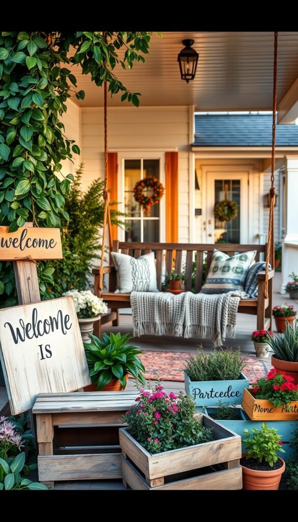 A cozy front porch with a rustic wooden swing, surrounded by lush greenery and potted plants. In the foreground, a collection of DIY projects, including a handcrafted welcome sign, a repurposed crate turned into a side table, and a set of painted flower boxes. The middle ground features a well-worn wooden bench, with decorative pillows and a knitted throw. The background showcases a charming country-style home, with a fresh coat of paint and a inviting porch roof. The scene is bathed in warm, golden lighting, creating a welcoming and inviting atmosphere.