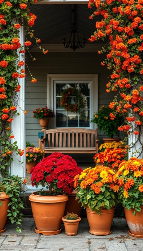 A cozy front porch with a vibrant display of seasonal flower pots. In the foreground, an assortment of terracotta pots overflowing with lush blooms in warm hues of red, orange, and yellow. Trailing vines and cascading petals frame the entryway, creating a welcoming and inviting atmosphere. The middle ground features a wooden bench, inviting visitors to pause and admire the floral tableau. The background showcases a charming, well-maintained porch with weathered wooden beams and a decorative metal roof, bathed in soft, natural lighting. The overall scene exudes a sense of comfort, coziness, and the joy of seasonal home decor.