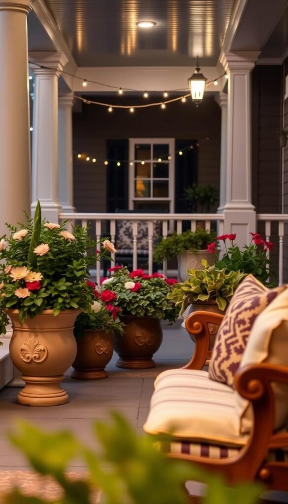 A cozy front porch with a warm, inviting atmosphere. In the foreground, a wooden bench adorned with plush cushions and throw pillows, creating a comfortable seating area. In the middle ground, decorative planters overflowing with lush greenery and seasonal flowers, adding pops of color. In the background, the porch's architecture features classic columns and a decorative railings, framing the scene. The lighting is soft and ambient, perhaps from string lights or lanterns, setting a tranquil mood. The overall composition evokes a sense of relaxation and a desire to linger, reflecting the importance of front porch decorating.