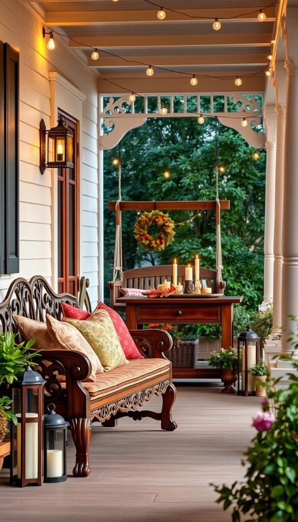 A cozy front porch with a warm, inviting atmosphere. In the foreground, an ornate wooden bench adorned with plush, colorful cushions and patterned throw pillows. Potted plants and decorative lanterns flank the bench, adding pops of greenery and soft lighting. The middle ground features a rustic wooden console table topped with seasonal decor, such as a wreath, candles, and a small figurine. In the background, the porch's architecture is highlighted, with details like decorative beams, a swing, and lush greenery framing the scene. The lighting is a mix of natural daylight and the warm glow of string lights, casting a serene ambiance over the entire composition.