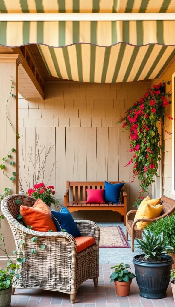 A cozy front porch with a warm, inviting color palette. The foreground features a woven wicker armchair with plush, textured cushions in rich earth tones like terracotta and mustard yellow. Trailing vines and potted plants in shades of green add lush, natural accents. The middle ground showcases a sleek, wooden bench with pops of navy and crimson in decorative pillows. Overhead, a rustic wooden beam supports a retractable striped awning in soothing shades of sage and ivory, casting a soft, ambient light. The background features a weathered wooden facade in a mellow beige, complemented by a vibrant flowering vine cascading down the porch columns. The overall scene evokes a sense of timeless elegance and comfortable sophistication.