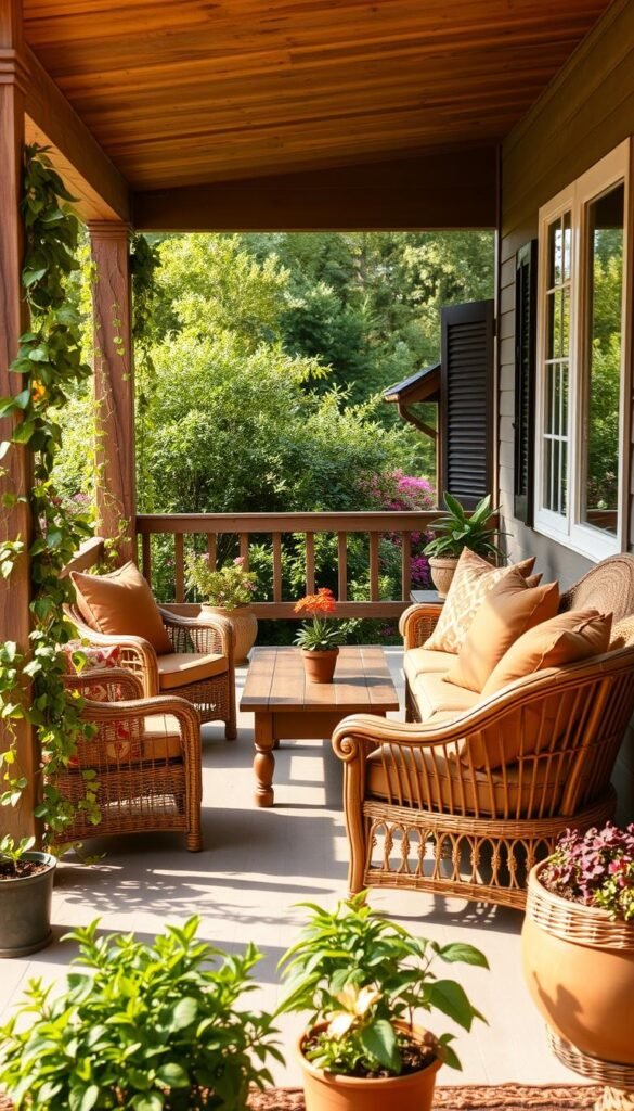 A cozy front porch with inviting wicker furniture, adorned with plush cushions in warm earth tones. A pair of comfortable armchairs and a matching loveseat are arranged around a sturdy wooden coffee table, creating an intimate conversation area. Trailing vines and potted plants line the porch's edge, framing the scene with lush greenery. Warm sunlight filters through the porch's overhead beams, casting a soft glow across the weathered wood and wicker textures. The overall atmosphere evokes a sense of relaxation and welcoming, perfect for enjoying a quiet afternoon or hosting casual gatherings.