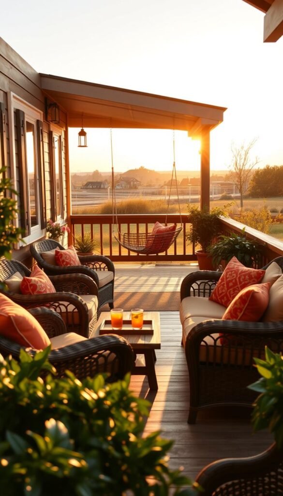 A cozy front porch with inviting wicker furniture, framed by lush potted plants and a warm sunset glow. In the foreground, a pair of comfortable armchairs and a plush outdoor sofa adorned with colorful throw pillows. Beside them, a small wooden coffee table holds a tray of refreshing drinks. In the middle ground, a hanging swing chair sways gently, casting playful shadows. The background features a well-maintained wooden porch, its boards weathered by time, and a glimpse of a picturesque suburban landscape beyond. The overall scene exudes a sense of relaxation and welcoming atmosphere, perfect for a weekend spent enjoying the great outdoors. A cozy front porch with inviting wicker furniture, framed by lush potted plants and a warm sunset glow. In the foreground, a pair of comfortable armchairs and a plush outdoor sofa adorned with colorful throw pillows. Beside them, a small wooden coffee table holds a tray of refreshing drinks. In the middle ground, a hanging swing chair sways gently, casting playful shadows. The background features a well-maintained wooden porch, its boards weathered by time, and a glimpse of a picturesque suburban landscape beyond. The overall scene exudes a sense of relaxation and welcoming atmosphere, perfect for a weekend spent enjoying the great outdoors.