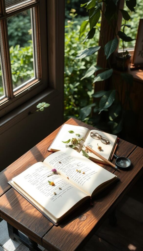 A cozy garden nook with a weathered wooden table, an open journal, and a collection of botanical specimens, pencils, and a magnifying glass. Soft, natural lighting filters in from a nearby window, casting gentle shadows. The tabletop is adorned with pressed flowers, leaves, and handwritten notes, creating an atmosphere of focused, thoughtful study. The background features lush greenery, hinting at the verdant garden beyond, inviting the viewer to step into this serene, contemplative space.