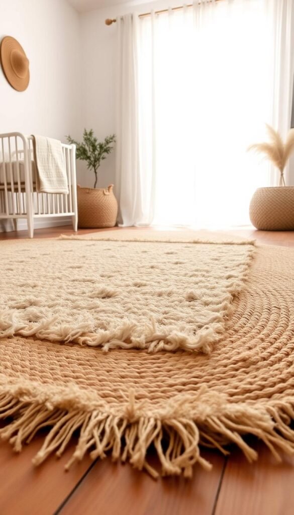 A cozy, inviting boho nursery with layered natural fiber rugs in neutral tones. In the foreground, a plush, woven jute rug covers the wooden floor, its organic texture and earthy hues creating a serene foundation. Atop it, a softly fringed, beige shag rug adds depth and visual interest. In the middle ground, a neutral-toned, low-pile woven rug with subtle geometric patterns complements the natural elements. Soft, indirect lighting filters through sheer curtains, casting a warm, calming glow over the space. The overall atmosphere is one of tranquility and understated elegance, perfectly suited for a peaceful nursery retreat.