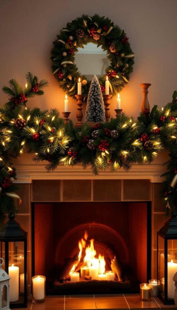 A cozy, inviting fireplace mantel adorned with a lush garland of fresh pine, holly, and winter berries.
