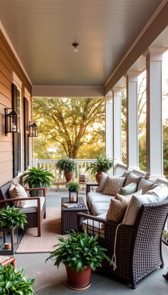 A cozy, inviting front porch setting with a plush outdoor sofa, loveseat, and armchair arranged in a conversational layout. The furniture is made of weather-resistant materials like wicker, rattan, or teak, with soft, comfortable cushions in neutral tones that complement the natural surroundings. Lush potted plants and decorative lanterns add to the ambiance, while the porch is bathed in warm, diffused sunlight filtering through the trees. The overall scene evokes a sense of relaxation and tranquility, perfect for enjoying the changing seasons in comfort.