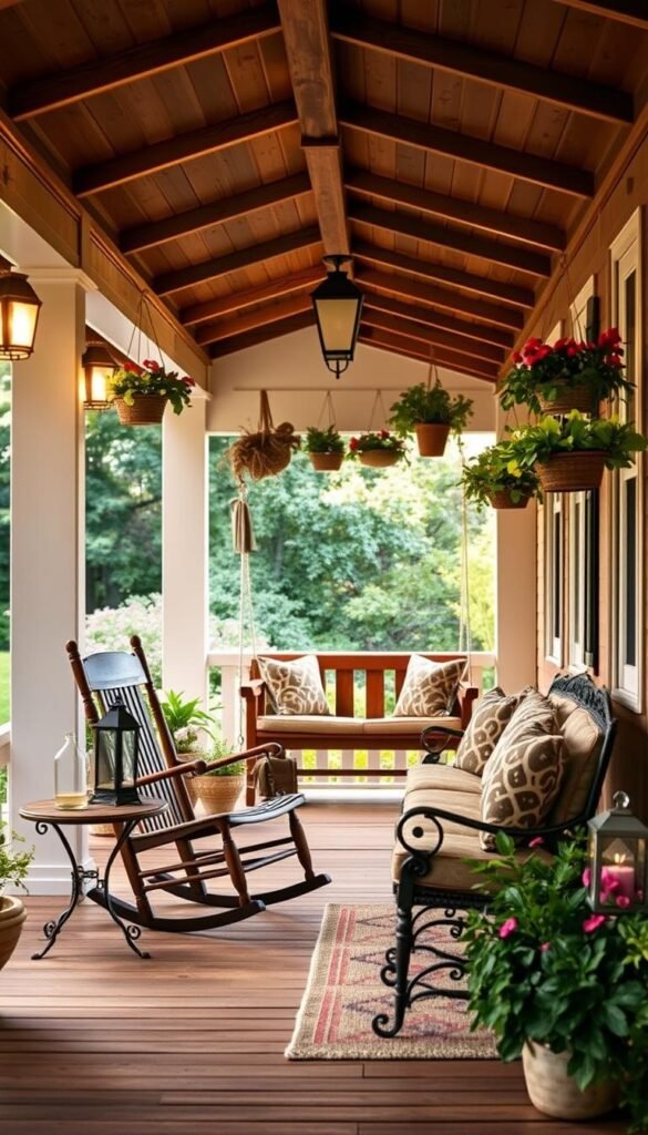 A cozy, inviting front porch with rustic wooden beams, a wooden swing, and a mix of potted plants and hanging baskets. Soft, warm lighting illuminates the space, creating a welcoming atmosphere. In the foreground, a vintage rocking chair and a small side table with a decorative lantern sit on a neatly swept wooden floor. The middle ground features a plush cushioned bench, adorned with patterned throw pillows. In the background, the porch's roofline casts gentle shadows, and a glimpse of the lush, verdant garden beyond can be seen. The overall scene exudes a sense of relaxation and personal expression, reflecting the homeowner's unique style and charm. A cozy, inviting front porch with rustic wooden beams, a wooden swing, and a mix of potted plants and hanging baskets. Soft, warm lighting illuminates the space, creating a welcoming atmosphere. In the foreground, a vintage rocking chair and a small side table with a decorative lantern sit on a neatly swept wooden floor. The middle ground features a plush cushioned bench, adorned with patterned throw pillows. In the background, the porch's roofline casts gentle shadows, and a glimpse of the lush, verdant garden beyond can be seen. The overall scene exudes a sense of relaxation and personal expression, reflecting the homeowner's unique style and charm.