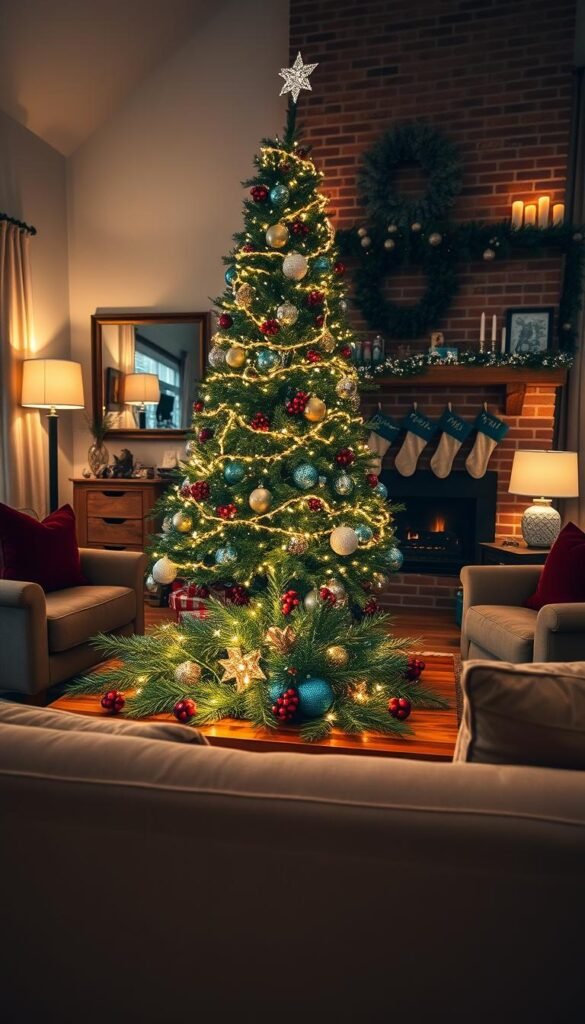 A cozy, inviting living room adorned with festive Christmas decor.
