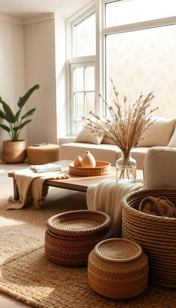 A cozy, inviting living room with a serene, natural aesthetic.