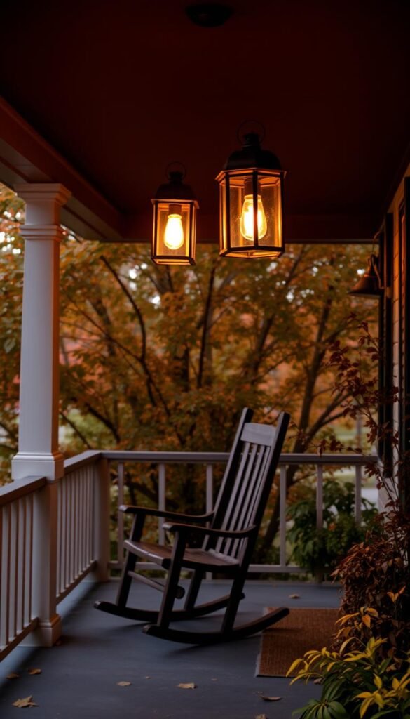A cozy, inviting porch with a warm, ambient glow from a pair of rustic lantern-style lights hanging from the ceiling. The lights cast a soft, golden light, creating a welcoming and intimate atmosphere. In the foreground, a classic wooden rocking chair sits on a neatly swept porch, inviting visitors to relax and unwind. The porch is surrounded by lush, autumnal foliage, with a few fallen leaves scattered across the floor. The overall scene evokes a sense of comfort, charm, and the essence of a quintessential fall porch setting. A cozy, inviting porch with a warm, ambient glow from a pair of rustic lantern-style lights hanging from the ceiling. The lights cast a soft, golden light, creating a welcoming and intimate atmosphere. In the foreground, a classic wooden rocking chair sits on a neatly swept porch, inviting visitors to relax and unwind. The porch is surrounded by lush, autumnal foliage, with a few fallen leaves scattered across the floor. The overall scene evokes a sense of comfort, charm, and the essence of a quintessential fall porch setting.