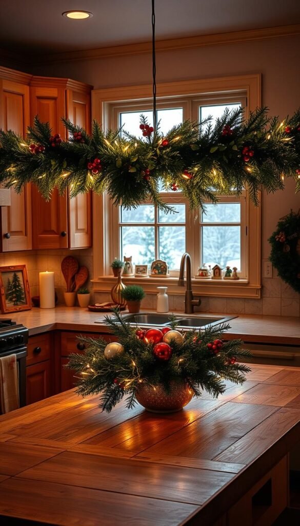 A cozy kitchen bathed in warm, golden lighting, adorned with festive holiday decor.