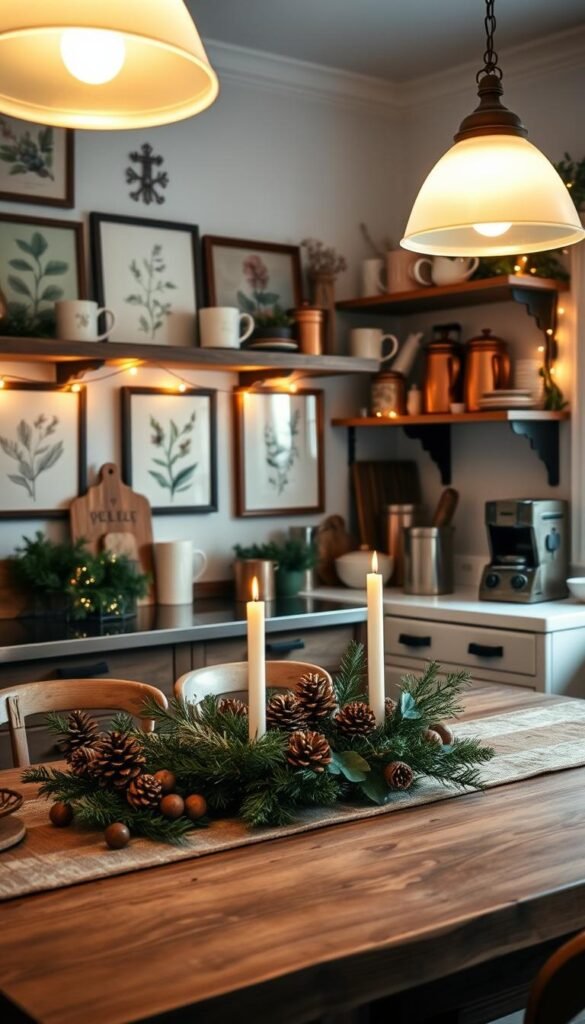A cozy kitchen decor with festive accents, bathed in warm holiday lighting.