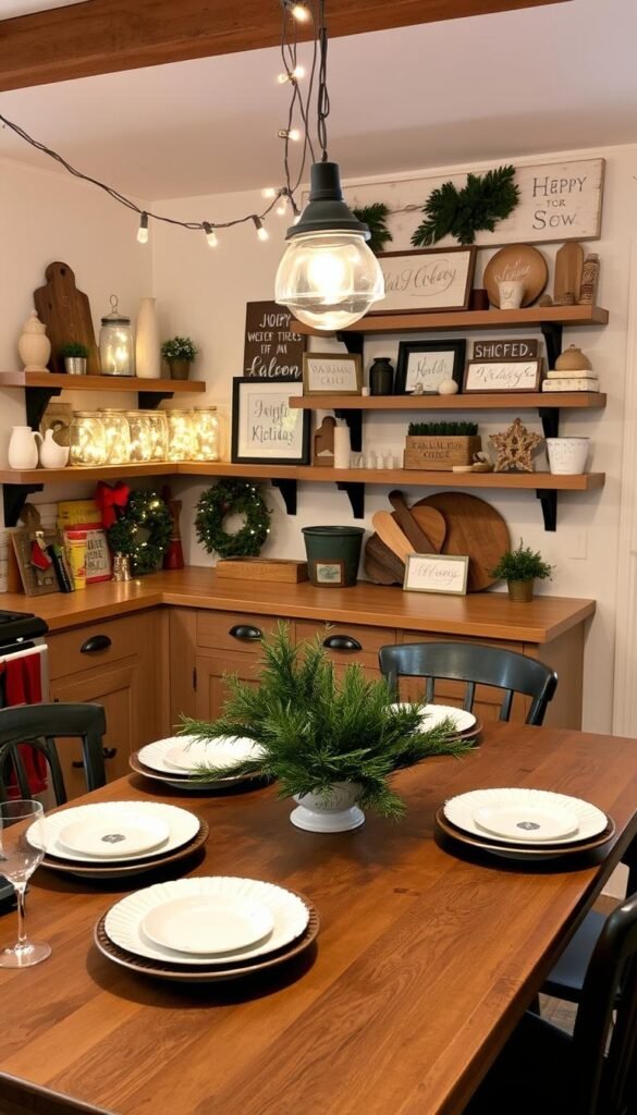 A cozy kitchen decorated for the holidays, with a rustic wooden table set with mismatched vintage plates and a simple greenery centerpiece.