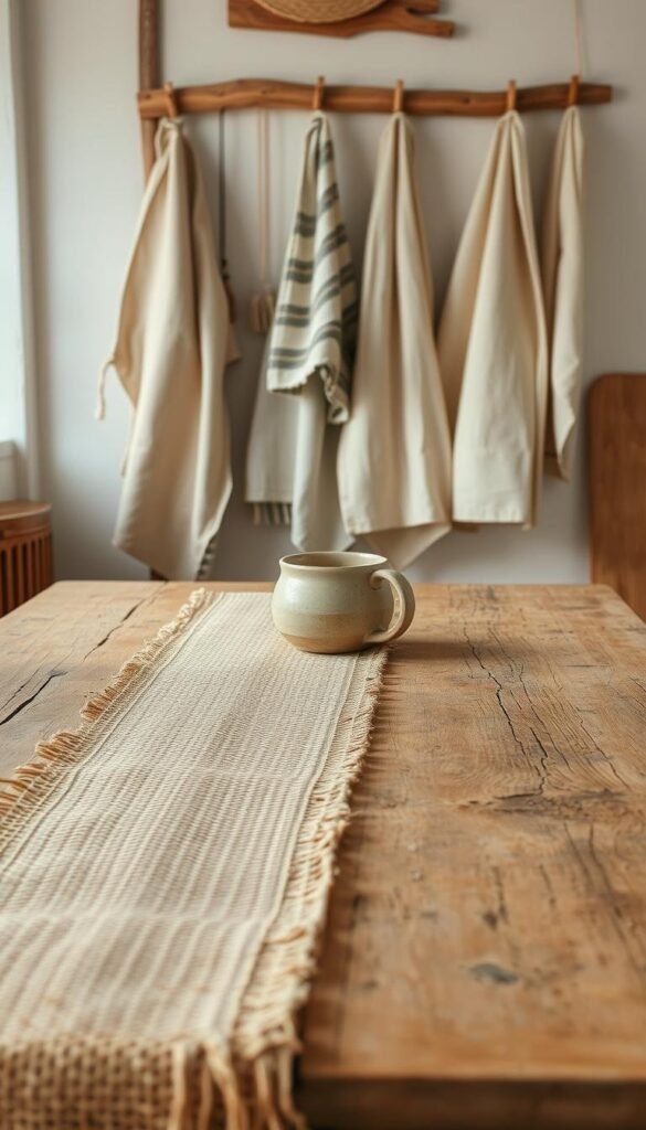 A cozy kitchen filled with earthy, organic textiles. In the foreground, a woven jute runner snakes across a worn wood table, its natural fibers complementing the rustic wooden surface. Draped over the table's edge, a linen tablecloth in a soothing neutral hue cascades down, its soft folds catching the warm, diffused light. In the middle ground, a pair of striped linen napkins and a hand-thrown ceramic mug add pops of muted color, their imperfect, artisanal textures echoing the room's natural aesthetic. Hanging from wooden dowels, delicate linen tea towels sway gently, their subdued patterns evoking a sense of tranquility. The overall atmosphere is one of harmony and simplicity, inviting the viewer to linger and savor the calm, earthy ambiance.