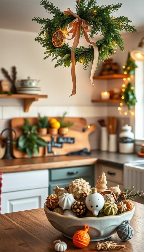 A cozy kitchen filled with handmade holiday decor.