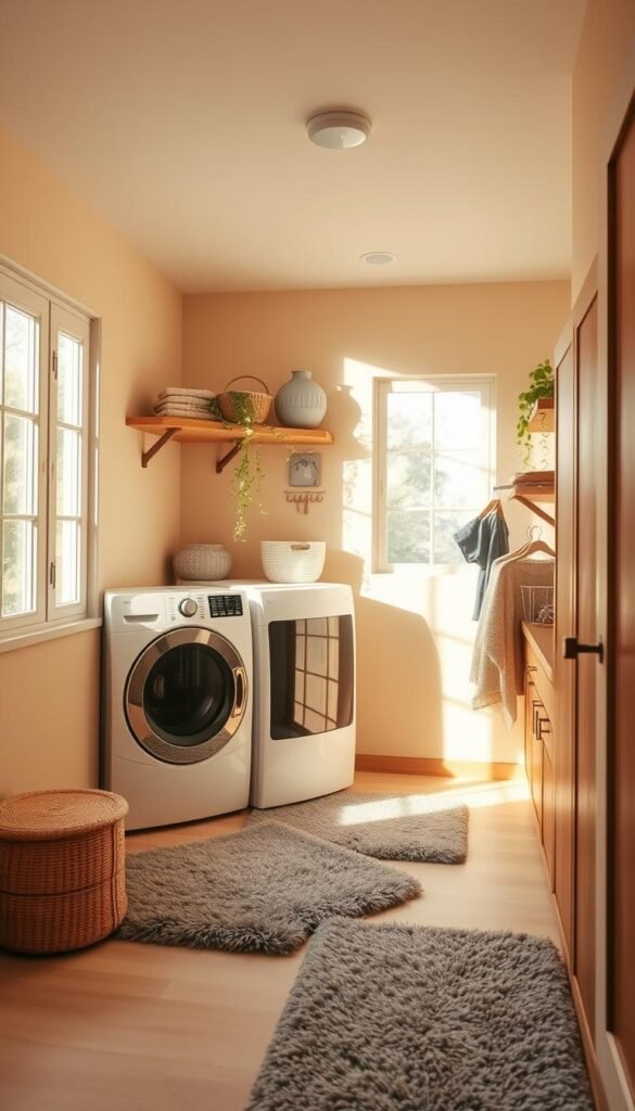 A cozy laundry room, bathed in soft, natural light filtering through large windows. The color palette is a harmonious blend of earthy tones - warm beige walls, accented by rich, wooden shelves and cabinets. Plush, gray area rugs add a touch of coziness, while sleek, white appliances provide a modern contrast. Hanging plants cascade from the shelves, bringing a touch of greenery to the space. The overall ambiance is inviting and relaxing, creating a pleasant environment for tackling the daily laundry chores.