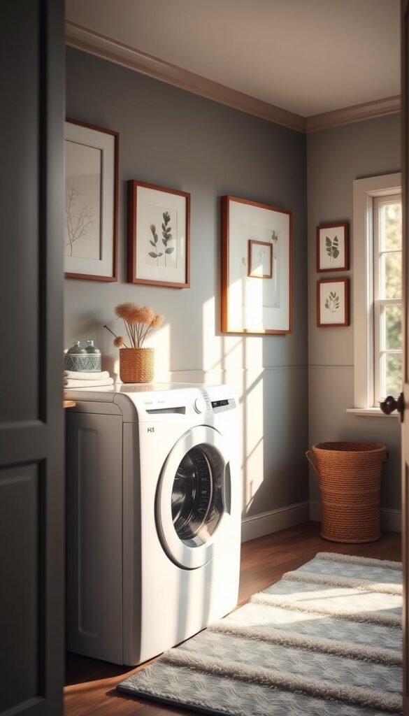A cozy laundry room with a harmonious color palette, bathed in warm, natural lighting. In the foreground, a crisp white washer and dryer, their clean lines accentuated by muted sage cabinetry. The middle ground features a plush, patterned rug in soft shades of blue and gray, anchoring the space. Hanging on the walls, a selection of framed botanical prints in earthy tones, adding a touch of rustic elegance. The background showcases a pair of large windows, allowing the gentle, diffused sunlight to pour in, creating a serene, inviting atmosphere.